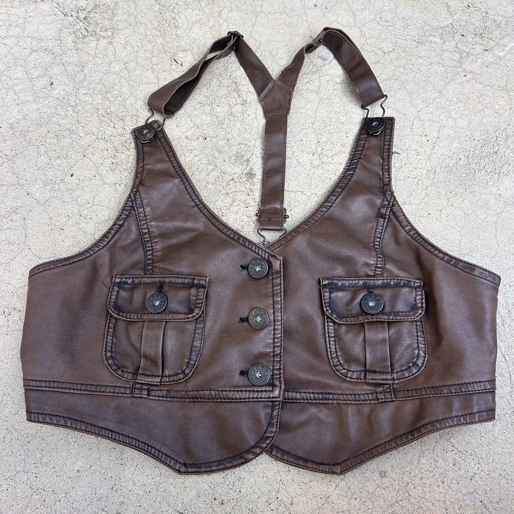 Last Kiss Vintage Y2K Steampunk Brown Faux Leather Button Mini Vest Extra Large